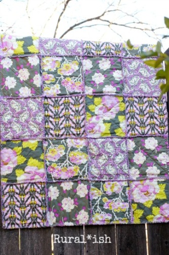 The Rural*ish "Sienna" rag quilt is perfect for baby girls! Vintagey roses, groovy butterflies, delicate flowers, and leafy feathers come together beautifully in a modern palette of violets and lavenders, pinks, charcoal gray, olive and lime greens. www.ruralish.etsy.com