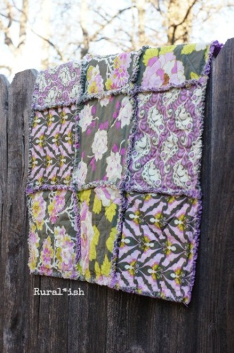 The Rural*ish "Sienna" rag quilt is perfect for baby girls! Vintagey roses, groovy butterflies, delicate flowers, and leafy feathers come together beautifully in a modern palette of violets and lavenders, pinks, charcoal gray, olive and lime greens. www.ruralish.etsy.com